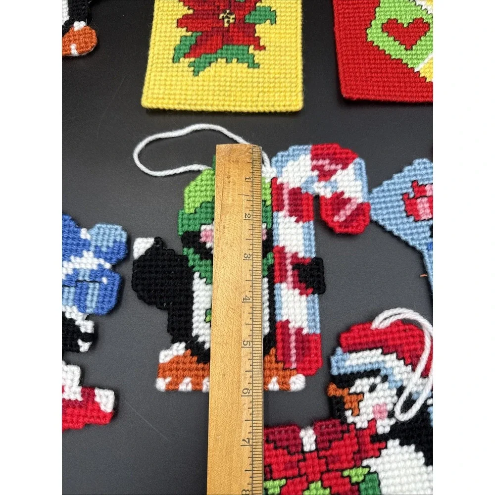 Lot of 8 Plastic Canvas Ornaments Christmas Penguin Snowman Cottage